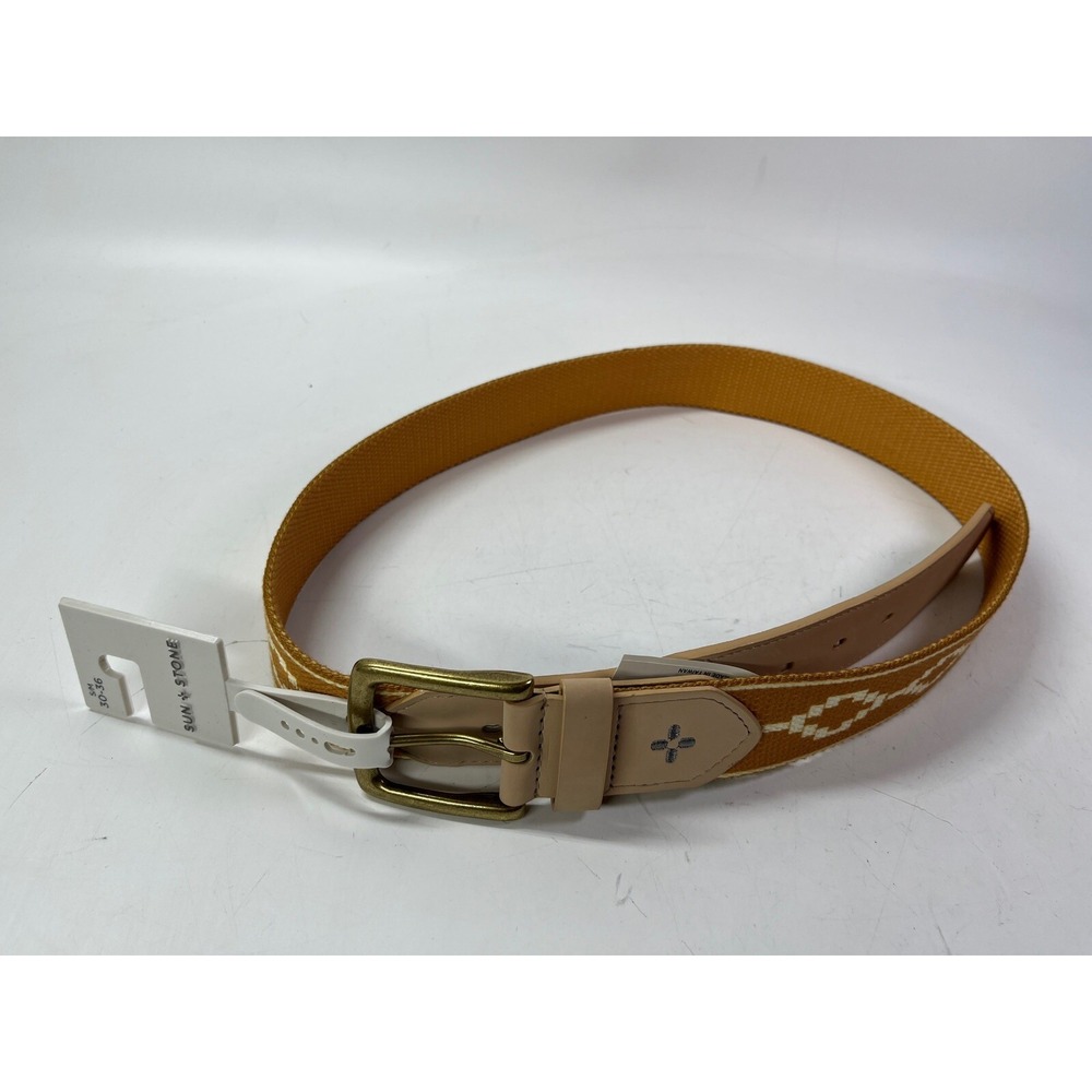 Sun + Stone Mens Faux Leather Printed Fabric Belt Golden Yellow S/M 30-36